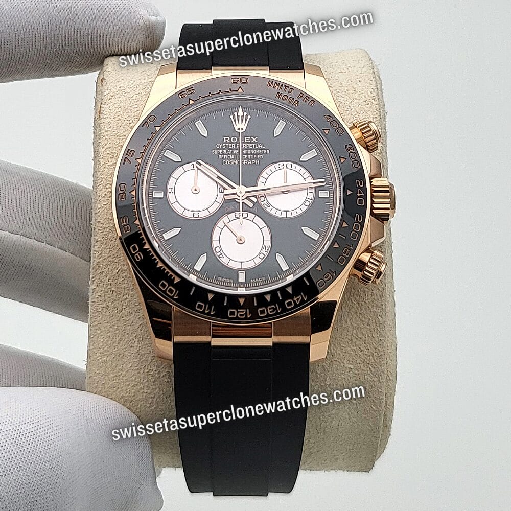 Rolex Cosmograph Daytona 40mm 18kt Everose Gold Oysterflex Bright Black and Sundust Dial Swiss ETA 4131 Automatic Movement Replic