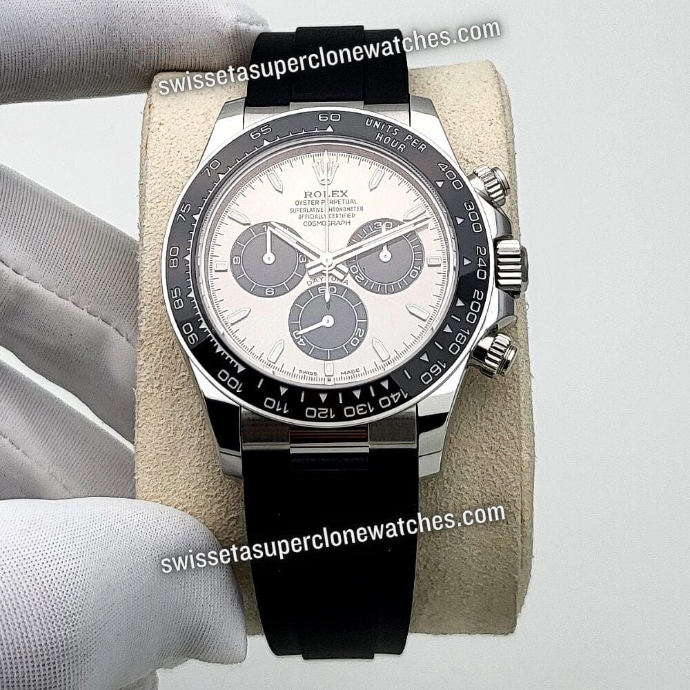 Rolex Cosmograph Daytona 40mm 18kt White Gold Oysterflex Steel Dial Swiss ETA 4131 Automatic Movement Replica Top Quality Exact 1
