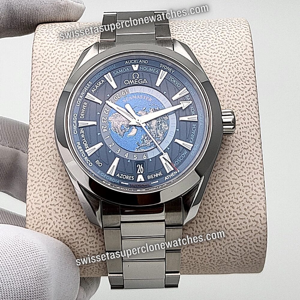 Omega Seamaster Aqua Terra Steel on Steel 150M Co-Axial Master Chronometer GMT Worldtimer 43mm ETA 8938 Automatic Movement Replica Top Quality Exa (1)