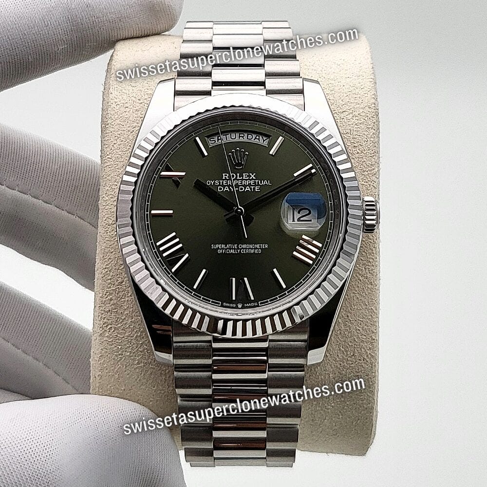 Rolex Day-Date 40mm Oyster Platinum Olive Green Dial Swiss ETA 3255 Automatic Movement Replica Top Quality Exact 11 Super Clone Watch (1)