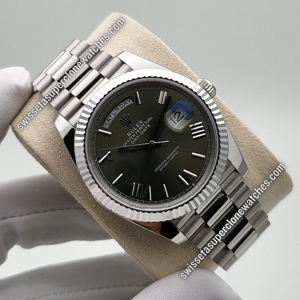 Rolex Day-Date 40mm Oyster Platinum Olive Green Dial Swiss ETA 3255 Automatic Movement Replica Top Quality Exact 11 Super Clone Watch (5)