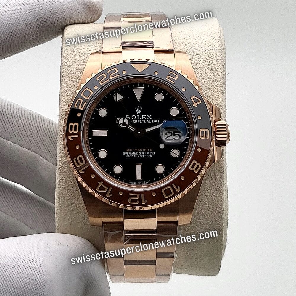 Rolex GMT Master II Everose Gold 40mm Black Dial Swiss ETA 3285 Automatic Movement Replica Top Quality Exact 11 Super Clone Watch (1)