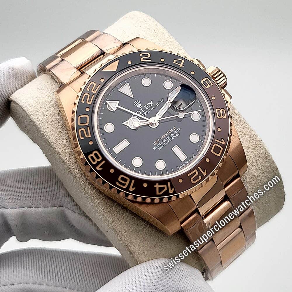 Rolex GMT Master II Everose Gold 40mm Black Dial Swiss ETA 3285 Automatic Movement Replica Top Quality Exact 11 Super Clone Watch (5)
