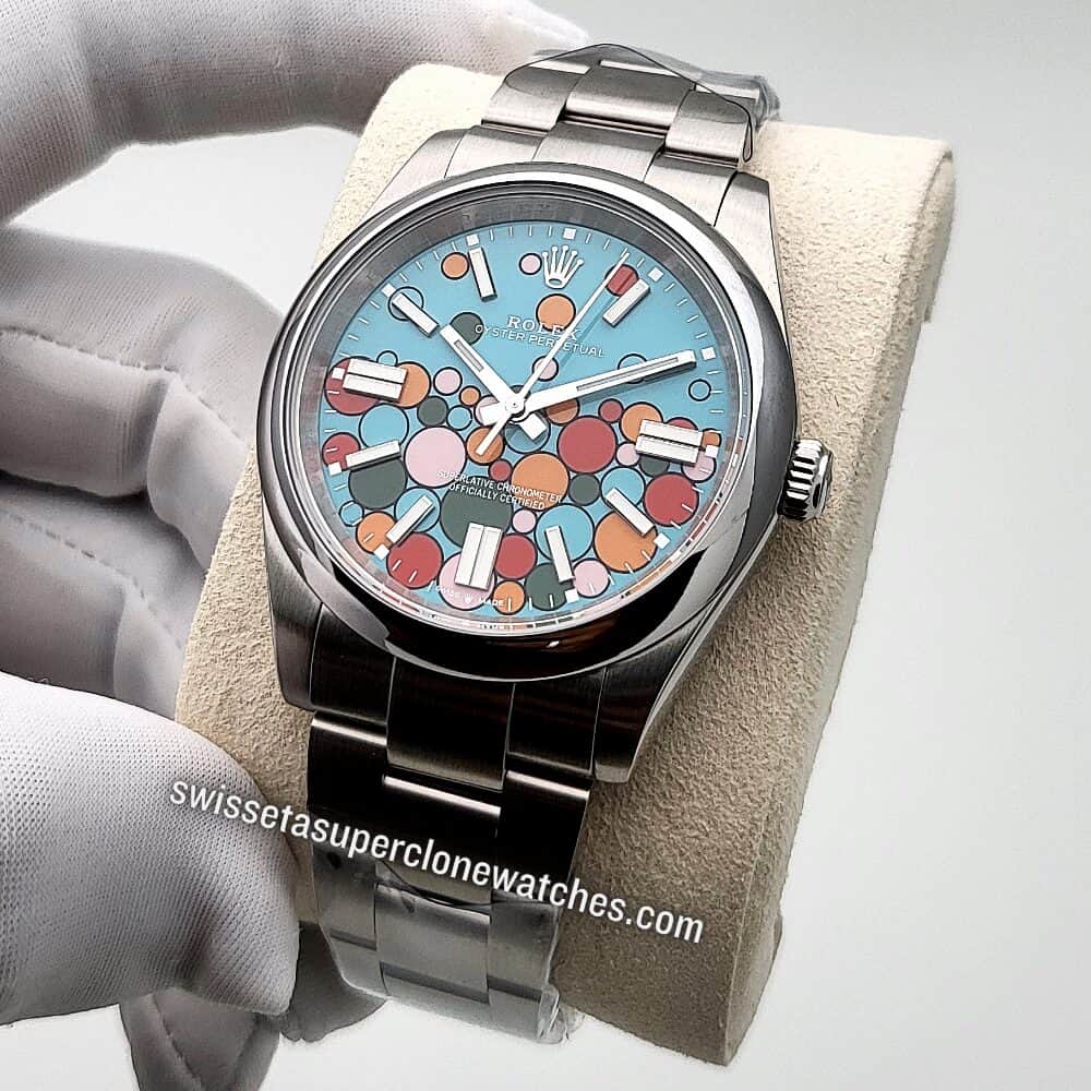 Rolex Oyster Perpetual 41mm Turquoise Blue Celebration Motif Dial Swiss ETA 3230 Automatic Movement Replica Top Quality Exact 11 Super Clone Watc (4)