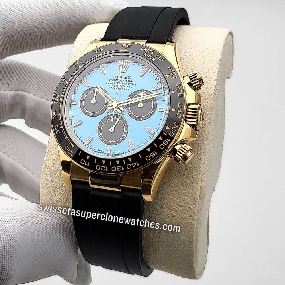Rolex Cosmograph Daytona 18kt Yellow Gold Oysterflex Turquoise Blue and Black Dial 40mm 4131 Automatic Movement Replica Top Quality Exact 11 Super C (3)