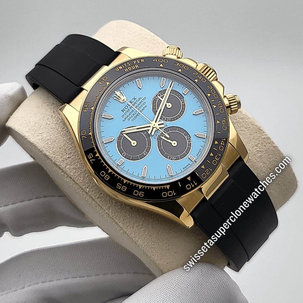 Rolex Cosmograph Daytona 18kt Yellow Gold Oysterflex Turquoise Blue and Black Dial 40mm 4131 Automatic Movement Replica Top Quality Exact 11 Super C