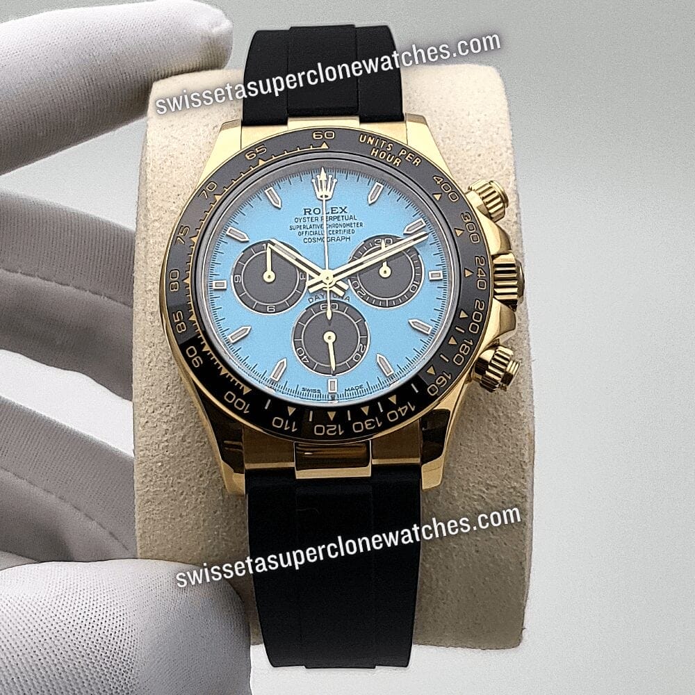 Rolex Cosmograph Daytona 18kt Yellow Gold Oysterflex Turquoise Blue and Black Dial 40mm 4131 Automatic Movement Replica Top Quality Exact 11 Super Clo (1)