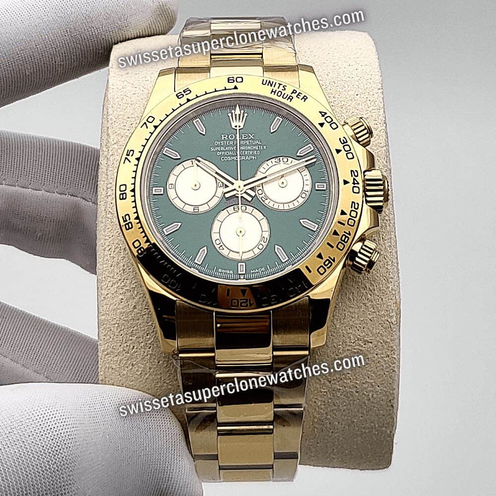 Rolex Cosmograph Daytona 40mm Yellow Gold Green Dial Swiss ETA 4130 Automatic Movement Replica Top Quality Exact 11 Super Clone Watch (1)