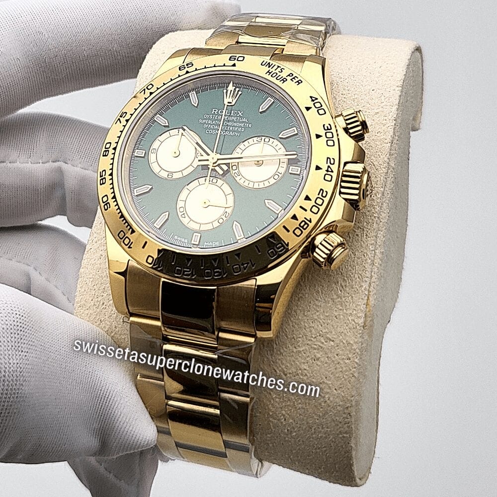 Rolex Cosmograph Daytona 40mm Yellow Gold Green Dial Swiss ETA 4130 Automatic Movement Replica Top Quality Exact 11 Super Clone Watch (3)