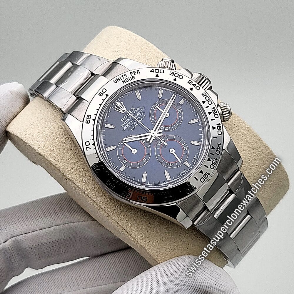 Rolex Cosmograph Daytona White Gold Bright Blue Dial 40mm Swiss ETA 4131 Automatic Movement Replica Top Quality Exact 11 Super Clon