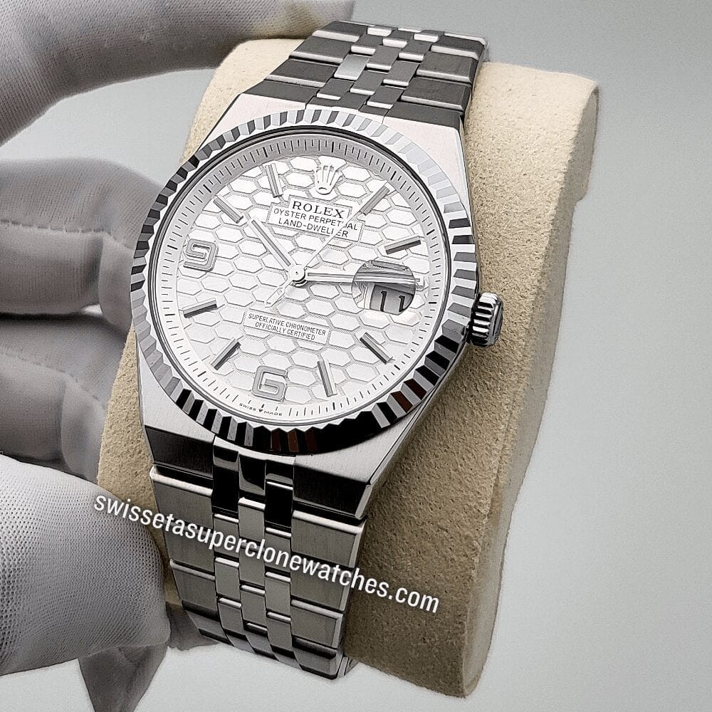 Rolex Land-Dweller 40mm Oystersteel and White Gold Intense White Honeycomb Motif Dial 7135 Automatic Movement Replica Top Quality Exact 11 Super Clo (3) Rolex Land-Dweller 40mm Oystersteel and White Gold Intense White Honeycomb Motif Dial 7135 Automatic Movement Replica Top Quality Exact 11 Super Clo (3)