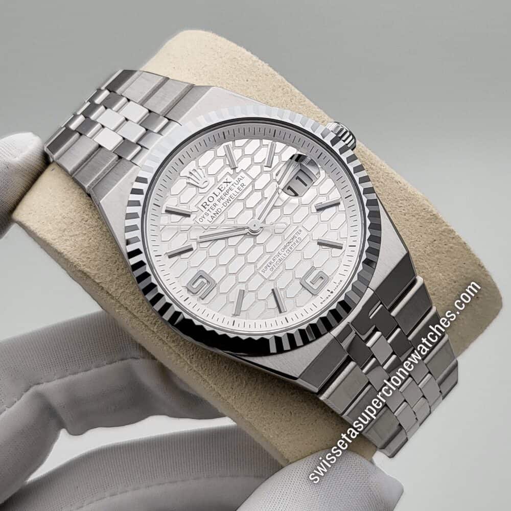Rolex Land-Dweller 40mm Oystersteel and White Gold Intense White Honeycomb Motif Dial 7135 Automatic Movement Replica Top Quality Exact 11 Super Clo