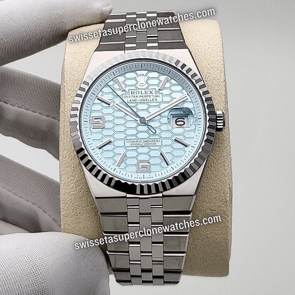 Rolex Land-Dweller 40mm Platinum Ice Blue Honeycomb Motif Dial 7135 Automatic Movement Replica Top Quality Exact 11 Super Clone Watch (1)
