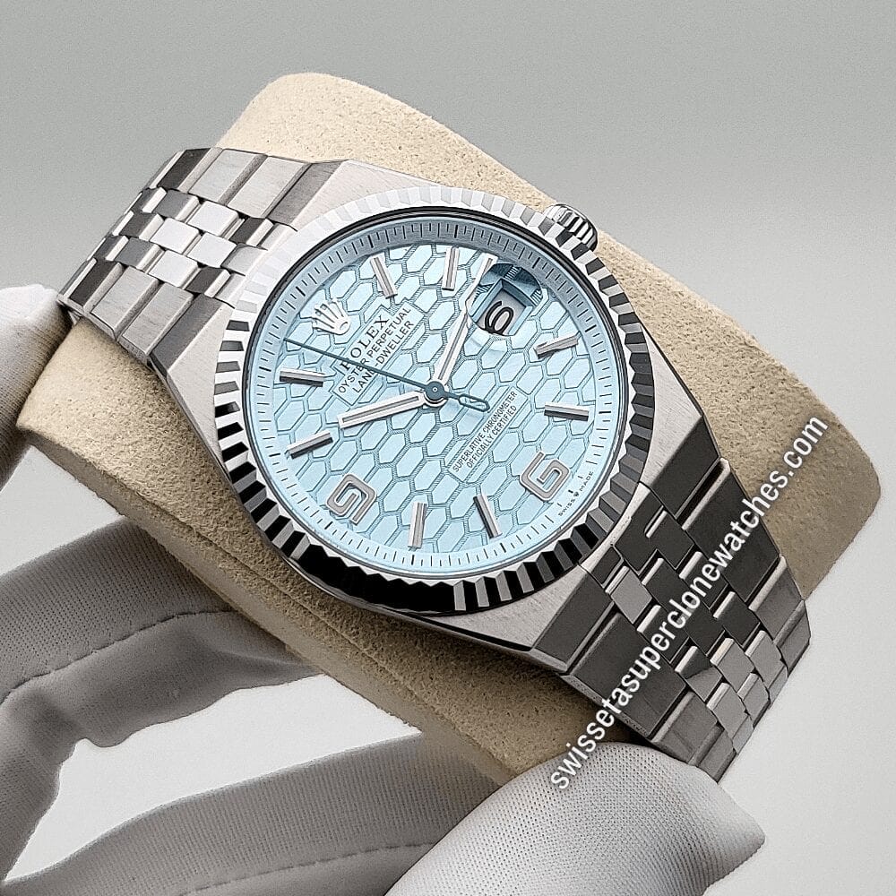 Rolex Land-Dweller 40mm Platinum Ice Blue Honeycomb Motif Dial 7135 Automatic Movement Replica Top Quality Exact 11 Super Clone Watch (2)