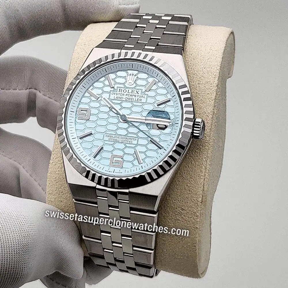 Rolex-Land-Dweller-40mm-Platinum-Ice-Blue-Honeycomb-Motif-Dial-7135-Automatic-Movement-Replica-Top-Quality-Exact-11-Super-Clone-Watch-3.webp